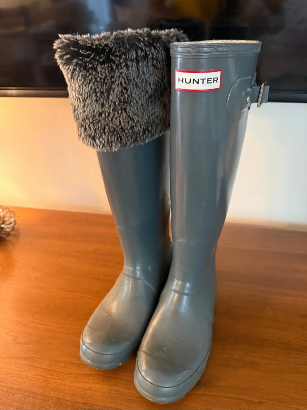 Hunter Dark Gray Rubber Tall Boots with Faux Fur Insert